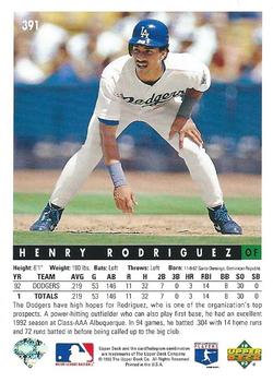 1993 Upper Deck #391 Henry Rodriguez Back