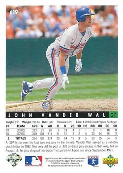 1993 Upper Deck #619 John Vander Wal Back
