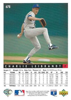 1993 Upper Deck #678 Charlie Leibrandt Back