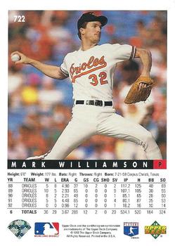 1993 Upper Deck #722 Mark Williamson Back