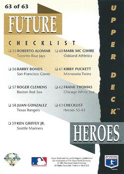 1993 Upper Deck - Future Heroes #63 Frank Thomas / Ken Griffey Jr. / Roger Clemens / Roberto Alomar / Barry Bonds / Kirby Puckett / Mark McGwire / Juan Gonzalez Back