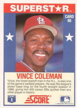 1989 Score Baseball's 100 Hottest Players #86 Vince Coleman Back