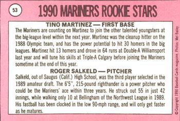 1990 Baseball Cards Magazine '69 Topps Repli-Cards #53 Mariners Rookies (Tino Martinez / Roger Salkeld) Back