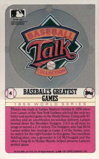 1989 Topps/LJN Baseball Talk #4 1956 World Series Game 5 Back