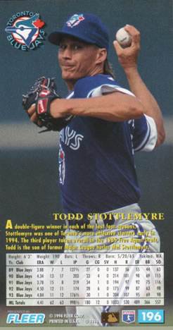 1994 Fleer Extra Bases #196 Todd Stottlemyre Back