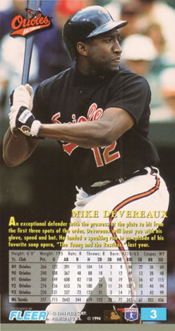 1994 Fleer Extra Bases #3 Mike Devereaux Back