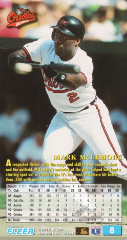 1994 Fleer Extra Bases #8 Mark McLemore Back