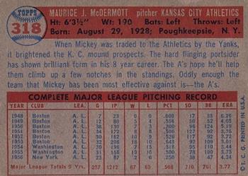 1957 Topps #318 Mickey McDermott Back
