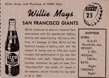 1958 Hires Root Beer #25 Willie Mays Back