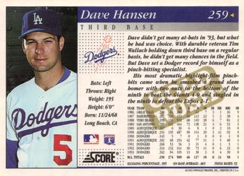 1994 Score - Gold Rush #259 Dave Hansen Back