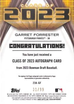 2023 Bowman Draft - Class of 2023 Autographs Green Refractor #23A-GF Garret Forrester Back