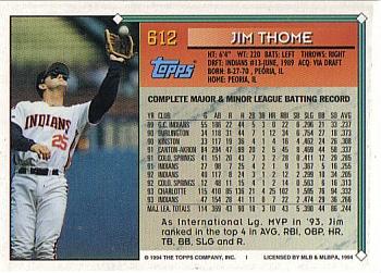 1994 Topps #612 Jim Thome Back