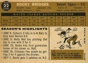 1960 Topps #22 Rocky Bridges Back