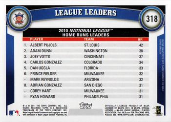 2011 Topps #318 2010 NL Home Run Leaders (Albert Pujols / Adam Dunn / Joey Votto) Back