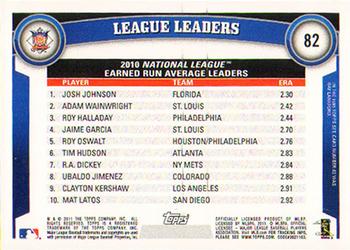 2011 Topps #82 2010 NL Earned Run Average Leaders (Josh Johnson / Adam Wainwright / Roy Halladay) Back