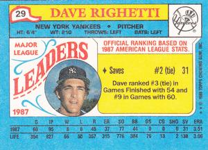1988 Topps Major League Leaders Minis #29 Dave Righetti Back