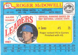 1988 Topps Major League Leaders Minis #62 Roger McDowell Back