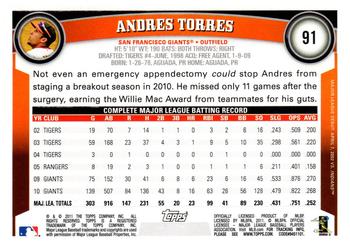 2011 Topps Opening Day #91 Andres Torres Back