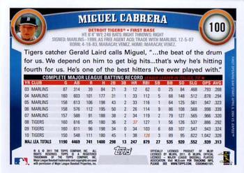 2011 Topps Opening Day #100 Miguel Cabrera Back