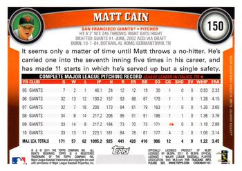 2011 Topps Opening Day #150 Matt Cain Back