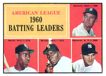 1961 Topps #42 American League 1960 Batting Leaders (Pete Runnels / Al Smith / Minnie Minoso / Bill Skowron) Front