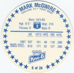 1988 King B Discs #6 Mark McGwire Back