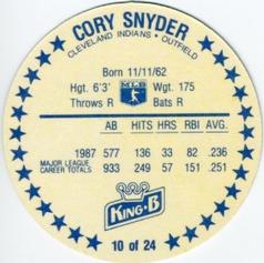 1988 King B Discs #10 Cory Snyder Back