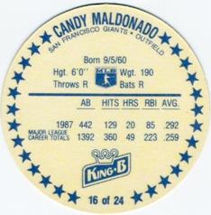 1988 King B Discs #16 Candy Maldonado Back
