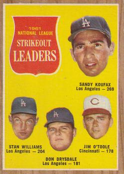 1962 Topps #60 1961 National League Strikeout Leaders (Sandy Koufax / Stan Williams / Don Drysdale / Jim O'Toole) Front