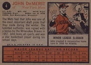 1962 Topps #4 John DeMerit Back