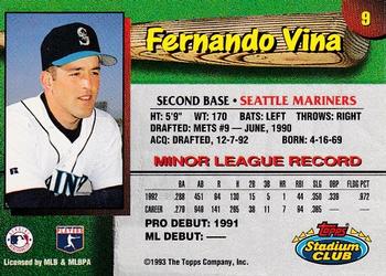 1993 Stadium Club Seattle Mariners #9 Fernando Vina  Back