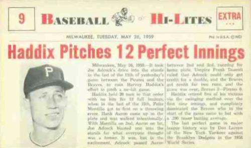 1960 Nu-Cards Baseball Hi-Lites #9 Haddix Pitches 12 Perfect Innings Front