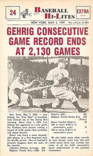 1960 Nu-Cards Baseball Hi-Lites #24 Gehrig Consecutive Game Record Ends At 2,130 Games Front