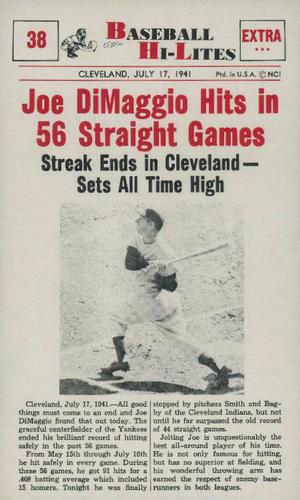 1960 Nu-Cards Baseball Hi-Lites #38 Joe DiMaggio Hits in 56 Straight Games Front