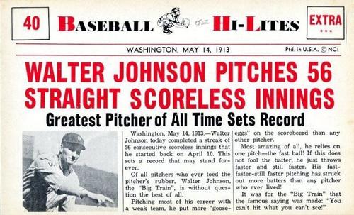 1960 Nu-Cards Baseball Hi-Lites #40 Walter Johnson Pitches 56 Straight Scoreless Innings Front