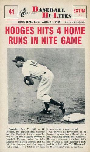1960 Nu-Cards Baseball Hi-Lites #41 Hodges Hits 4 Home Runs In Nite Game Front