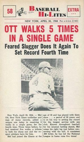 1960 Nu-Cards Baseball Hi-Lites #58 Ott Walks 5 Times In A Single Game Front