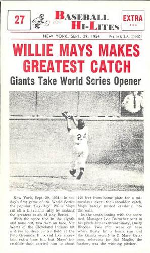 1960 Nu-Cards Baseball Hi-Lites #27 Willie Mays Makes Greatest Catch Front
