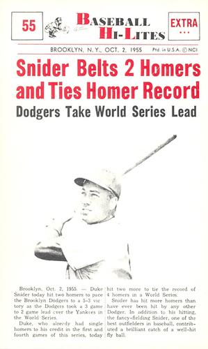 1960 Nu-Cards Baseball Hi-Lites #55 Snider Belts 2 Homers and Ties Homer Record Front