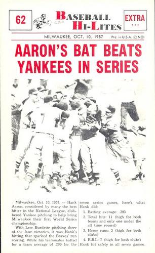 1960 Nu-Cards Baseball Hi-Lites #62 Aaron's Bat Beats Yankees In Series Front