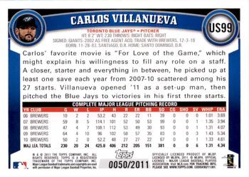 2011 Topps Update - Gold #US99 Carlos Villanueva Back