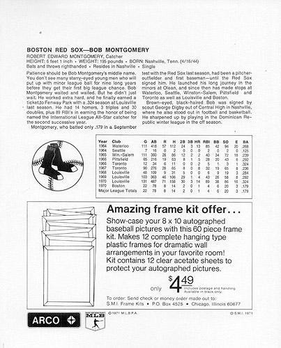 1971 Arco Boston Red Sox #NNO Bob Montgomery Back