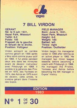1983 Stuart Bakery Montreal Expos #1 Bill Virdon Back