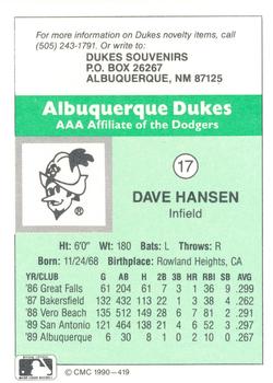 1990 CMC Albuquerque Dukes #17 Dave Hansen Back