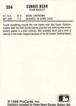 1988 ProCards #554 Cubbie Bear Back
