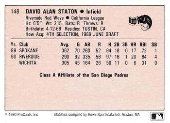 1990 ProCards A and AA #148 Dave Staton Back