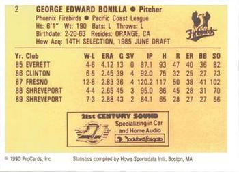 1990 ProCards #2 George Bonilla Back