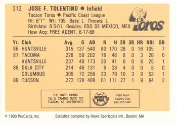 1990 ProCards #212 Jose Tolentino Back