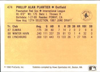 1990 ProCards #474 Phil Plantier Back