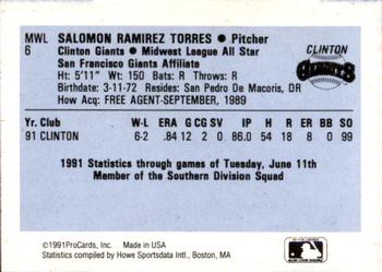 1991 ProCards Midwest League All-Stars #MWL6 Salomon Torres Back